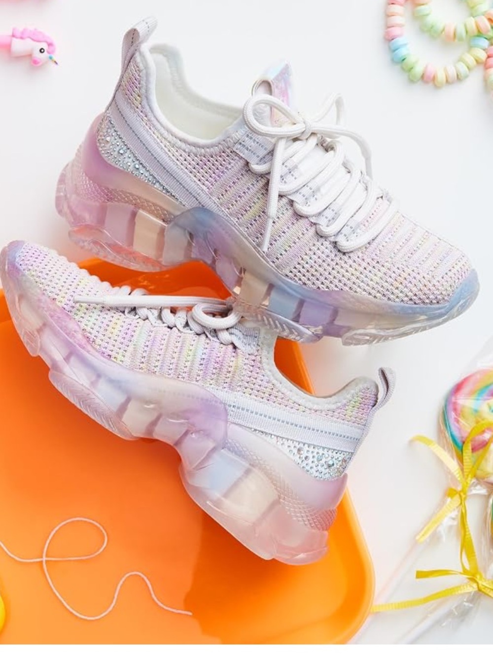 Steve Madden White Knit Sneakers with Pink Sparkle Accents